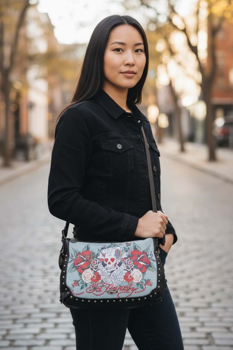 Ed Hardy Love Kills Slowly Rhinestone Denim Shoulder Bag - Picture 4 of 5